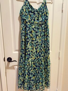 LOFT Navy Floral Dress with Yellow & Teal Accents
